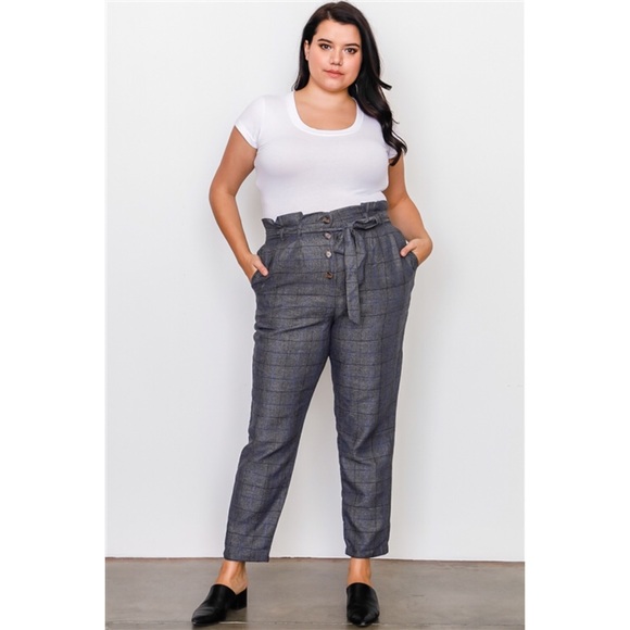 PLUS SIZE GREY PLAID FRILL WAIST BELTED PANTS - Picture 2 of 6